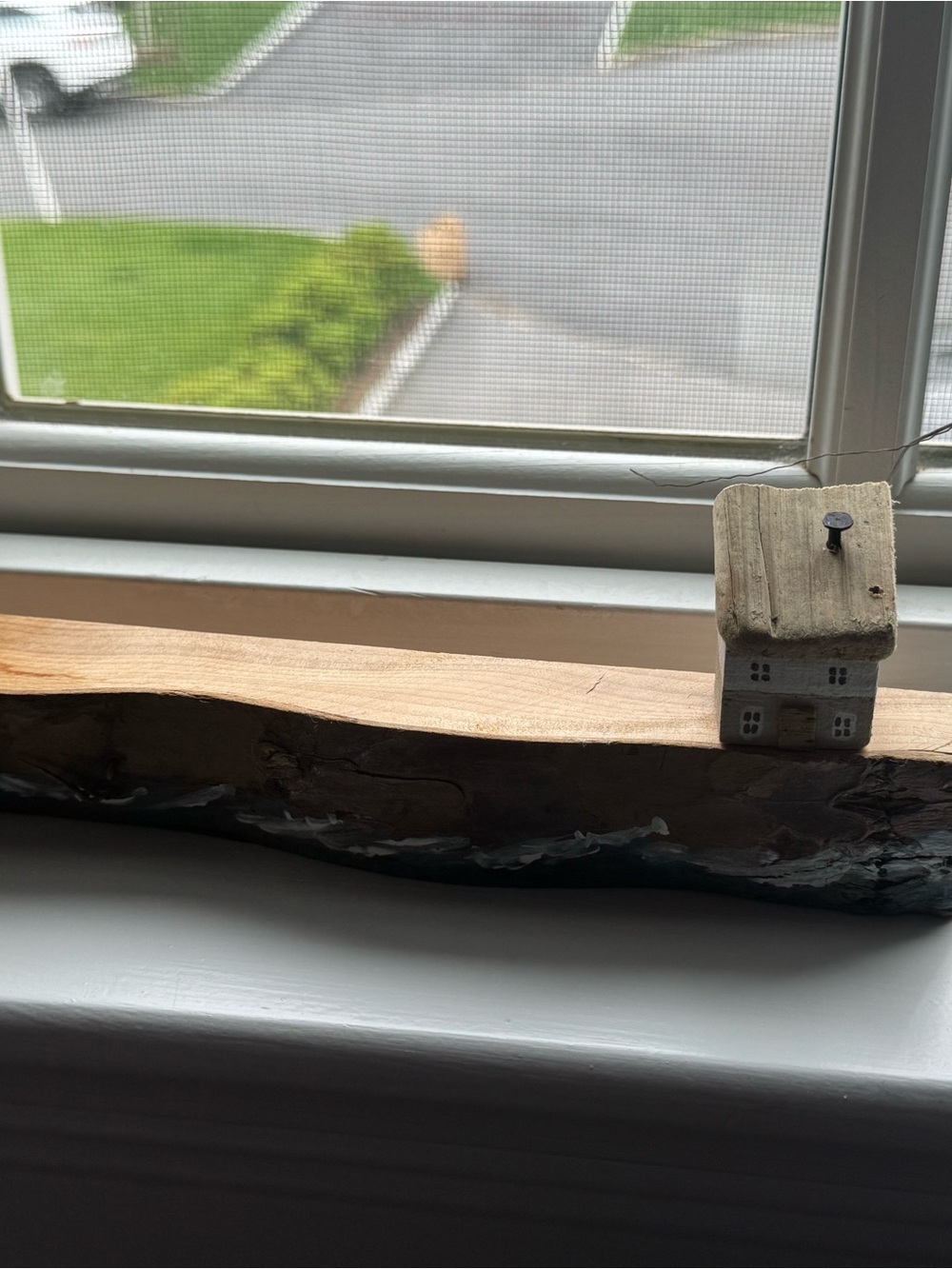 Driftwood Shelf Decor with Mini House Accent - Natural Wood